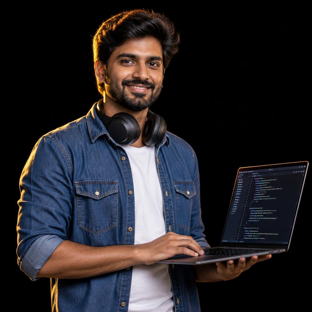 An Elestial Technology developer holding a laptop